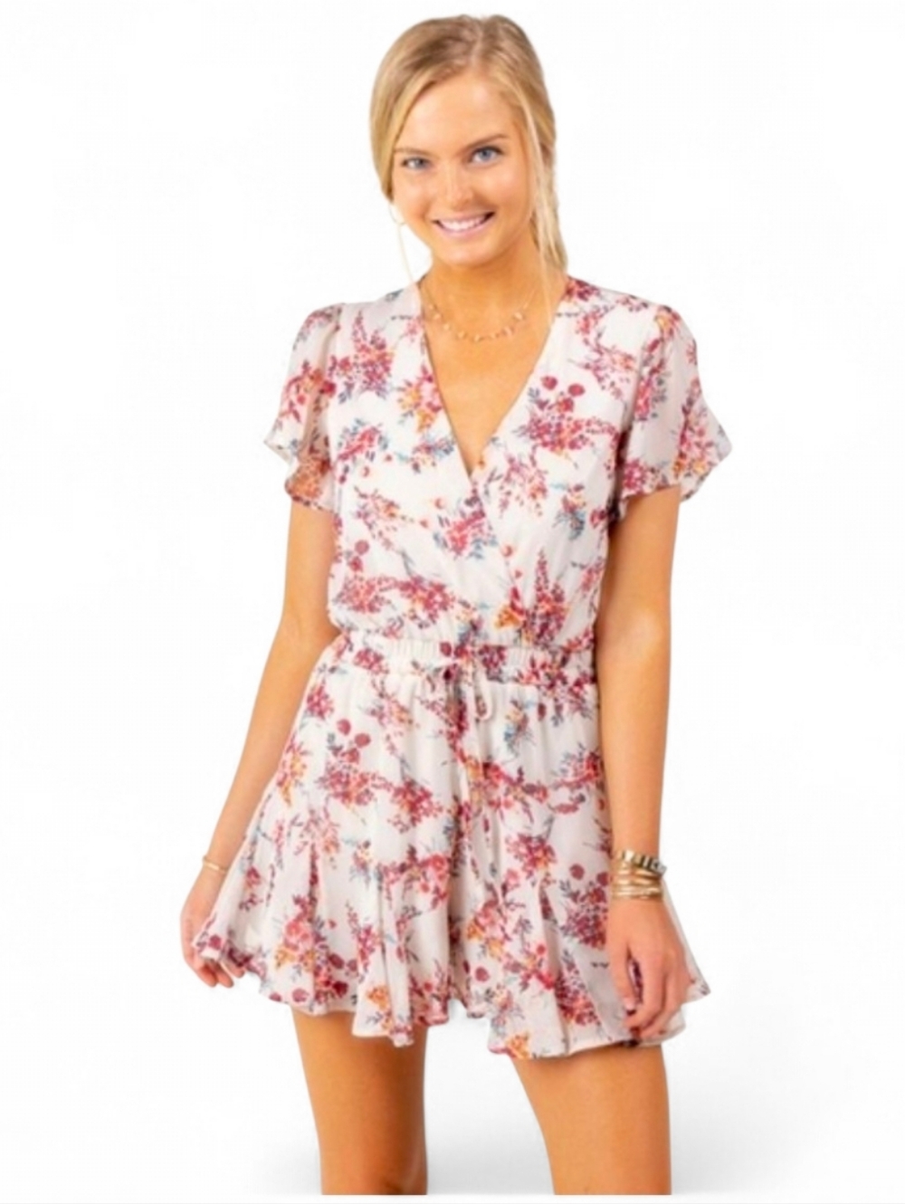 TRIXXI Cream Belted Floral Chiffon Dress - Small